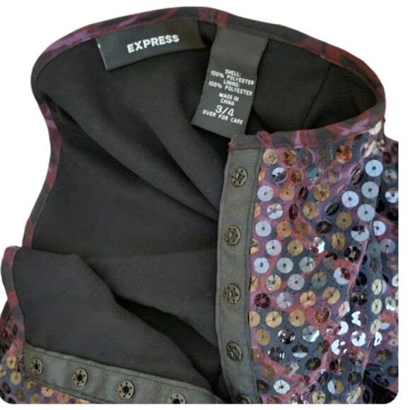 EXPRESS Sz 3/4 Purple Red Black Swirl Marble Animal Print Sequin Snap Side Close - Picture 3 of 3